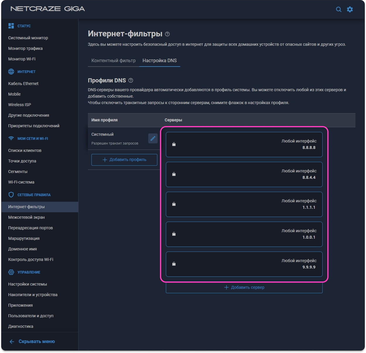 Добавленные DNS-серверы